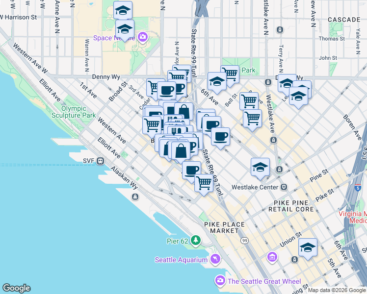 map of restaurants, bars, coffee shops, grocery stores, and more near 206 Bell Street in Seattle