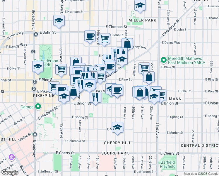 map of restaurants, bars, coffee shops, grocery stores, and more near 1708 East Pike Street in Seattle