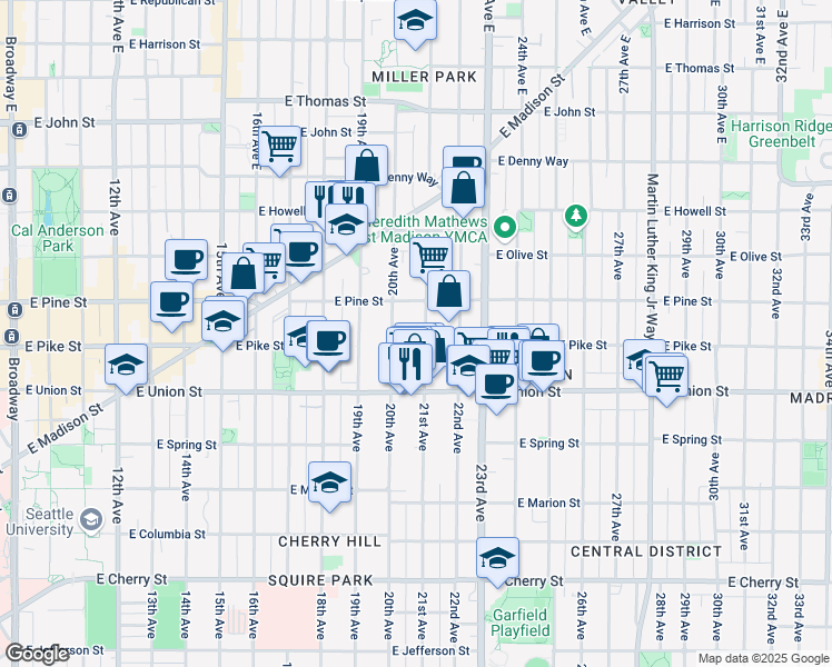 map of restaurants, bars, coffee shops, grocery stores, and more near 1451 21st Avenue in Seattle