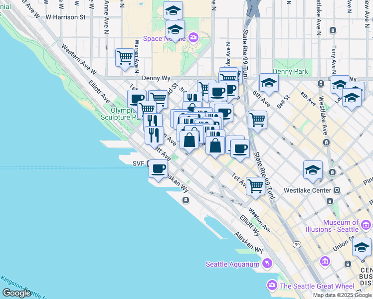 map of restaurants, bars, coffee shops, grocery stores, and more near 81 Vine Street in Seattle