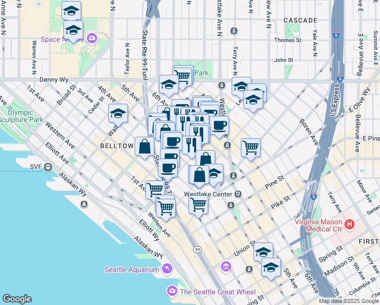 map of restaurants, bars, coffee shops, grocery stores, and more near 2105 5th Avenue in Seattle