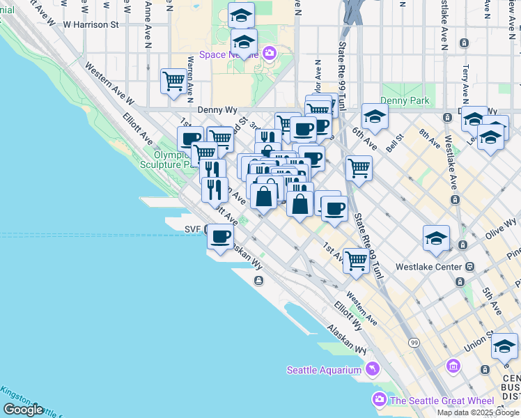 map of restaurants, bars, coffee shops, grocery stores, and more near 2510 Western Avenue in Seattle