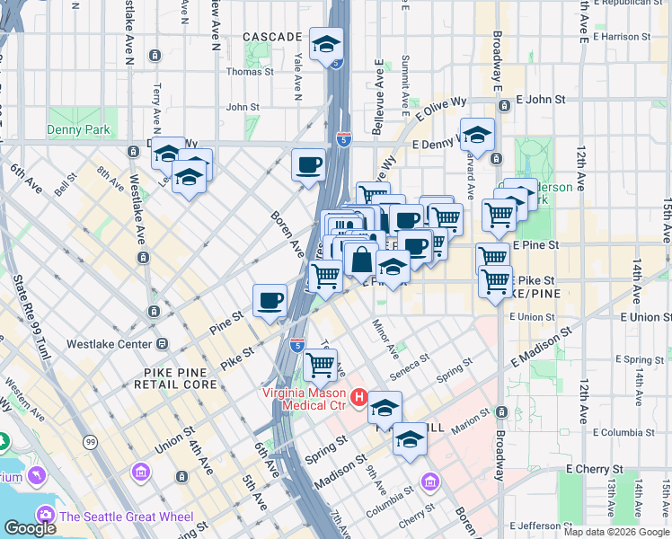 map of restaurants, bars, coffee shops, grocery stores, and more near 1519 Minor Avenue in Seattle