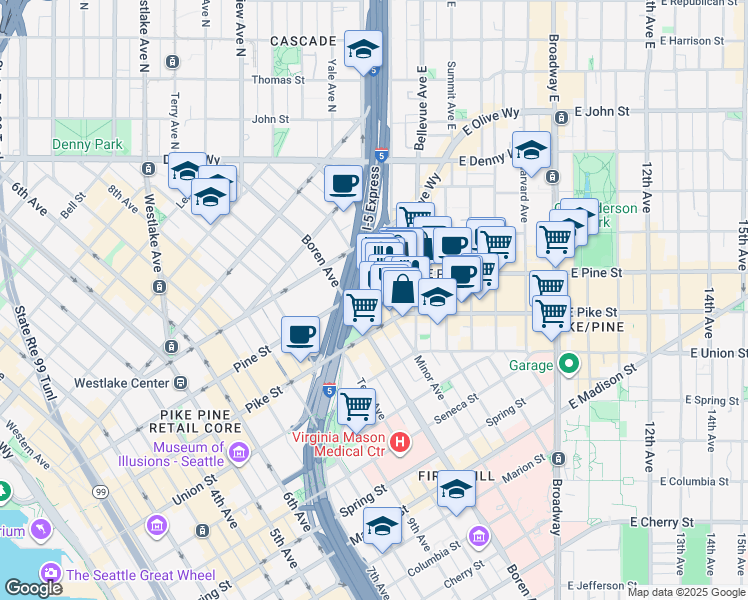 map of restaurants, bars, coffee shops, grocery stores, and more near 1519 Minor Avenue in Seattle
