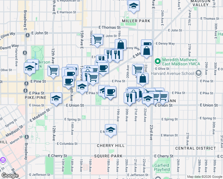 map of restaurants, bars, coffee shops, grocery stores, and more near 1510 18th Avenue in Seattle