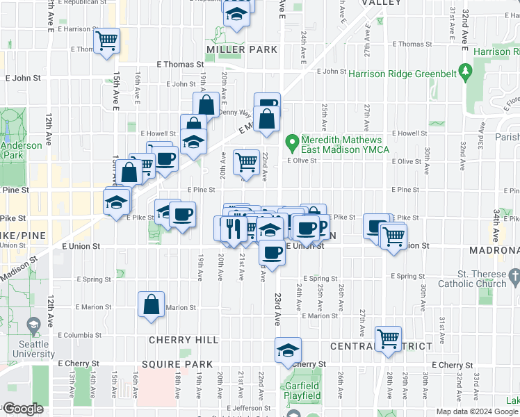 map of restaurants, bars, coffee shops, grocery stores, and more near 1451 22nd Avenue in Seattle