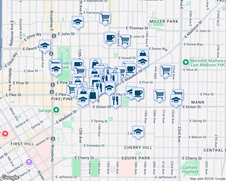 map of restaurants, bars, coffee shops, grocery stores, and more near 1509 East Madison Street in Seattle