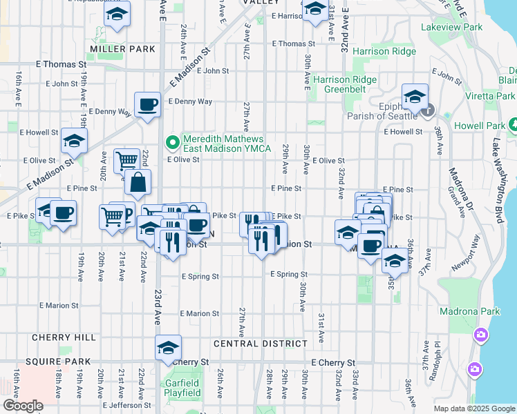 map of restaurants, bars, coffee shops, grocery stores, and more near 1509 Martin Luther King Junior Way in Seattle