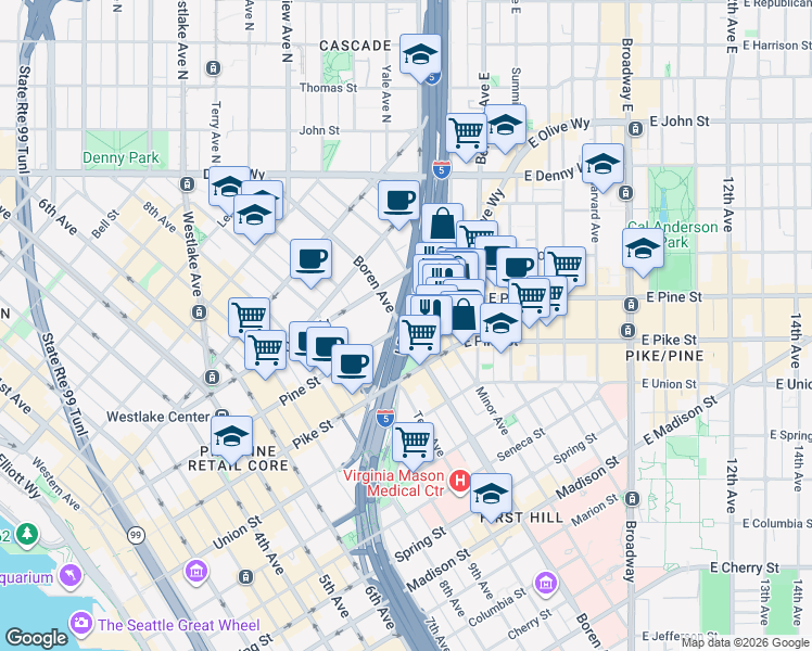 map of restaurants, bars, coffee shops, grocery stores, and more near 1111 Pine Street in Seattle