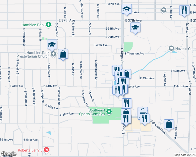 map of restaurants, bars, coffee shops, grocery stores, and more near 4303 S Stonington Ln in Spokane