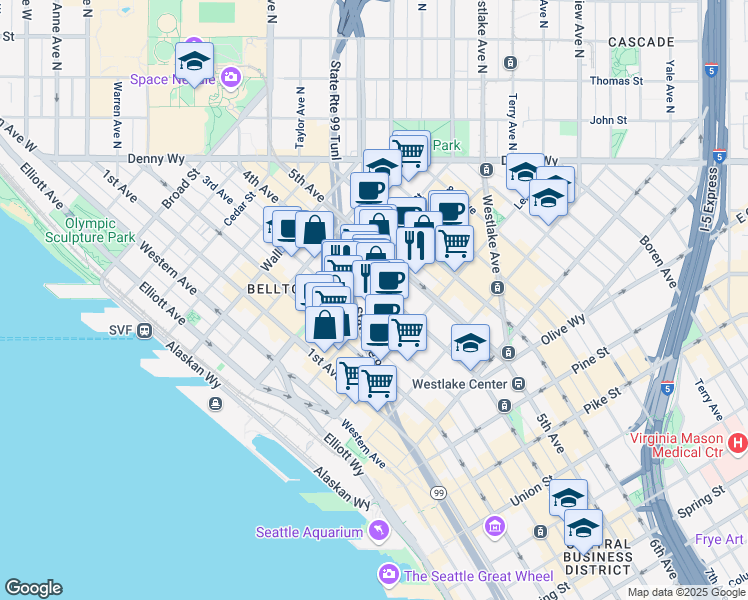 map of restaurants, bars, coffee shops, grocery stores, and more near 318 Blanchard Street in Seattle