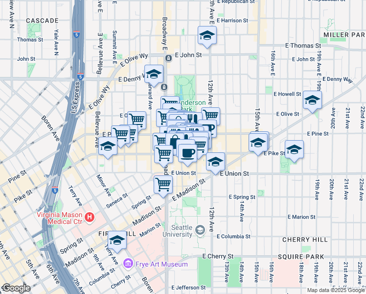 map of restaurants, bars, coffee shops, grocery stores, and more near 1514 10th Avenue in Seattle