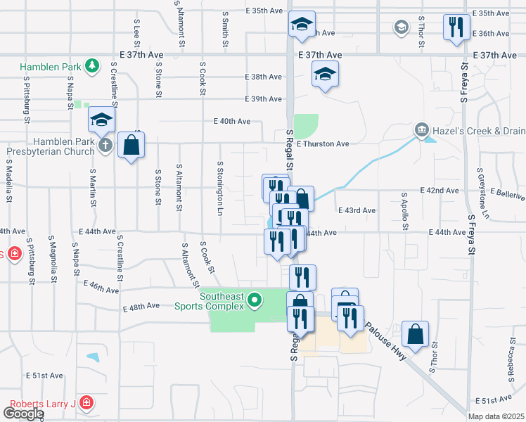 map of restaurants, bars, coffee shops, grocery stores, and more near 2711 East Adirondack Lane in Spokane