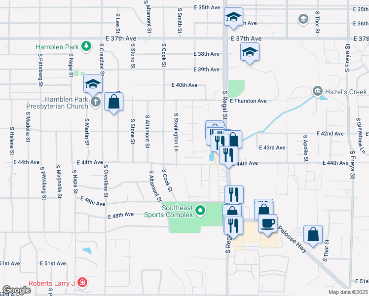 map of restaurants, bars, coffee shops, grocery stores, and more near 4303 South Stonington Lane in Spokane