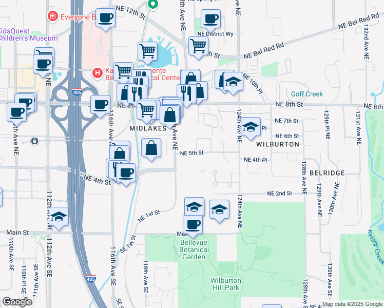 map of restaurants, bars, coffee shops, grocery stores, and more near 606 120th Avenue Northeast in Bellevue