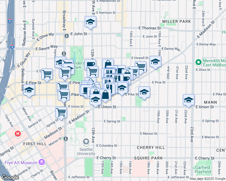 map of restaurants, bars, coffee shops, grocery stores, and more near in Seattle