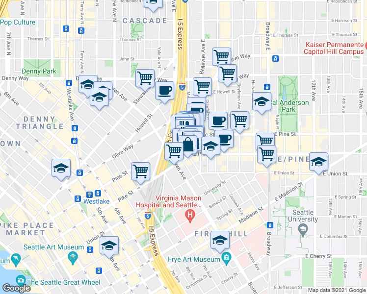 map of restaurants, bars, coffee shops, grocery stores, and more near 1515 Melrose Avenue in Seattle