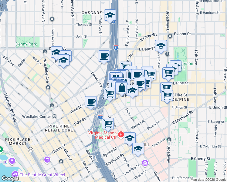 map of restaurants, bars, coffee shops, grocery stores, and more near 1515 Melrose Avenue in Seattle