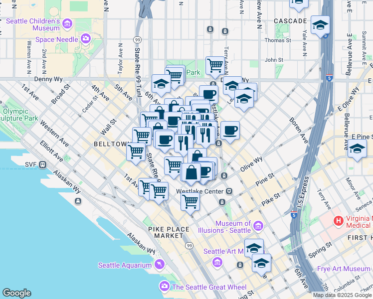 map of restaurants, bars, coffee shops, grocery stores, and more near in Seattle