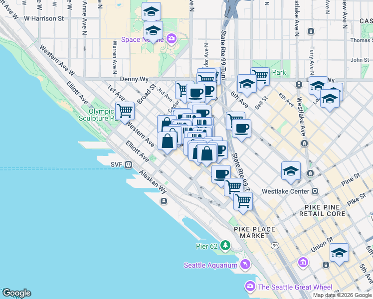 map of restaurants, bars, coffee shops, grocery stores, and more near in Seattle