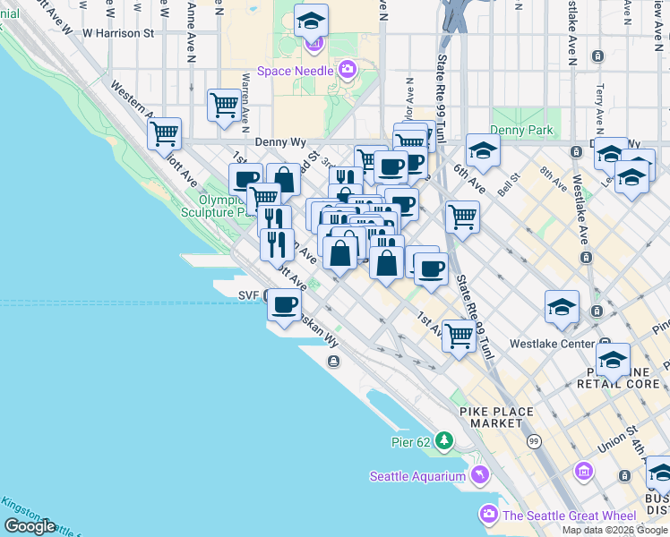 map of restaurants, bars, coffee shops, grocery stores, and more near 81 Vine Street in Seattle