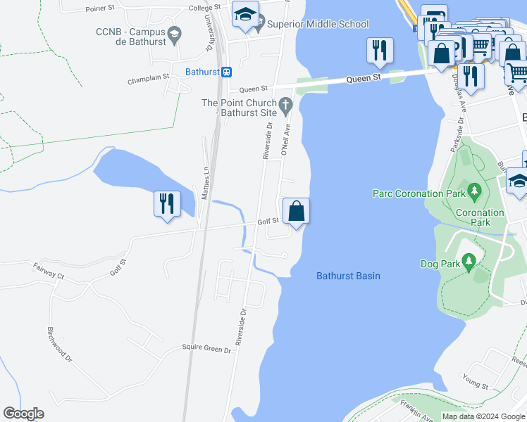 map of restaurants, bars, coffee shops, grocery stores, and more near 975 Riverside Drive in Bathurst