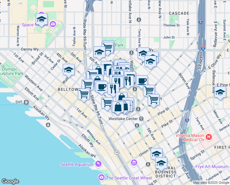 map of restaurants, bars, coffee shops, grocery stores, and more near in Seattle