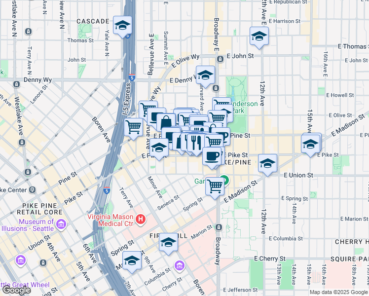 map of restaurants, bars, coffee shops, grocery stores, and more near 1511 Boylston Avenue in Seattle