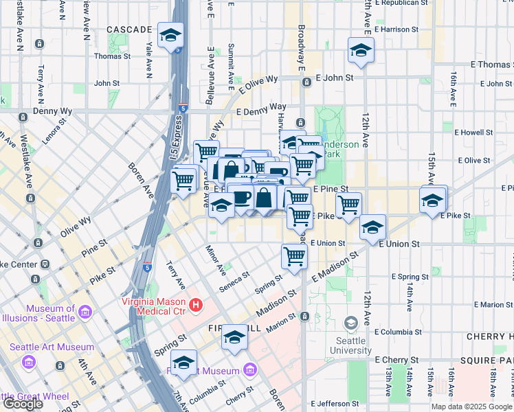 map of restaurants, bars, coffee shops, grocery stores, and more near 1511 Boylston Avenue in Seattle