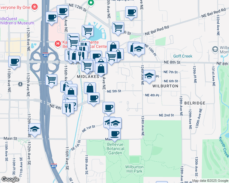 map of restaurants, bars, coffee shops, grocery stores, and more near 12035 Northeast 5th Street in Bellevue