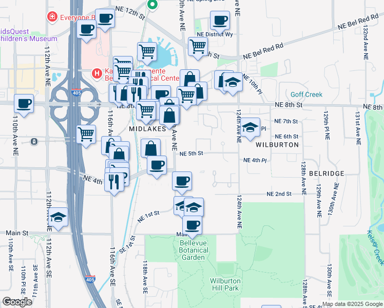 map of restaurants, bars, coffee shops, grocery stores, and more near 12035 Northeast 5th Street in Bellevue