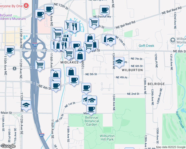 map of restaurants, bars, coffee shops, grocery stores, and more near 12098 Northeast 5th Street in Bellevue