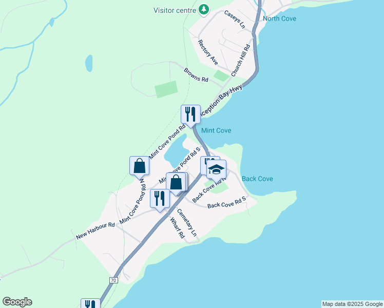 map of restaurants, bars, coffee shops, grocery stores, and more near 8 Mint Cove Pond Road South in Spaniard's Bay