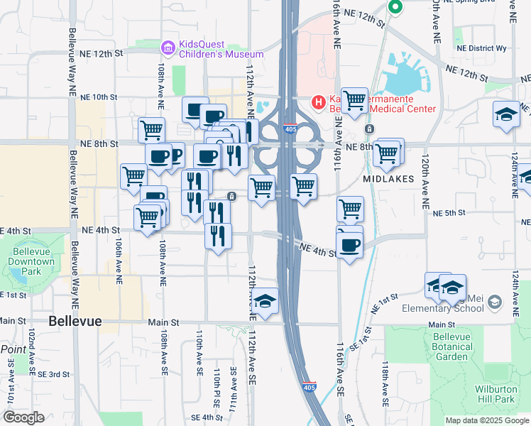 map of restaurants, bars, coffee shops, grocery stores, and more near 404 112th Avenue Northeast in Bellevue