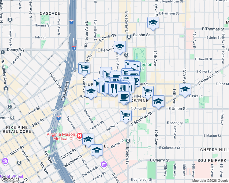 map of restaurants, bars, coffee shops, grocery stores, and more near 714 East Pike Street in Seattle
