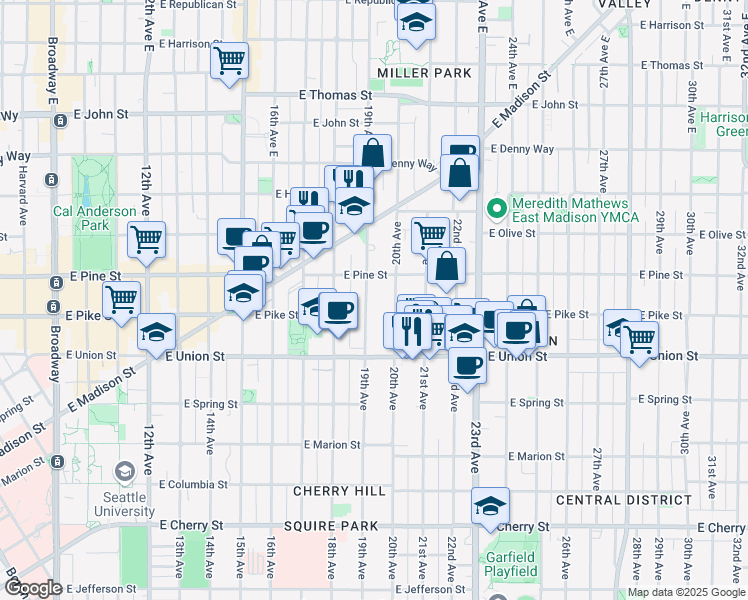 map of restaurants, bars, coffee shops, grocery stores, and more near 1512 19th Avenue in Seattle