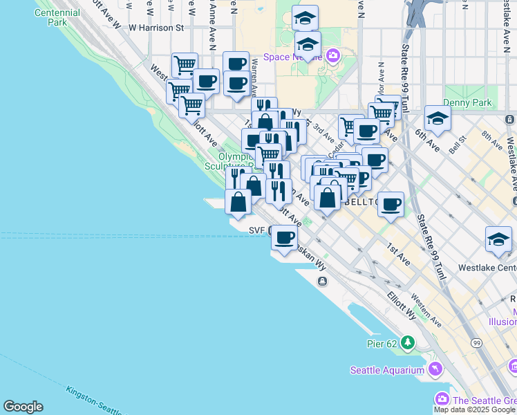 map of restaurants, bars, coffee shops, grocery stores, and more near 2601 Elliott Avenue in Seattle