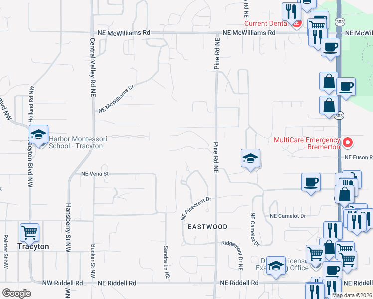 map of restaurants, bars, coffee shops, grocery stores, and more near 721 Northeast Woods Place in Bremerton
