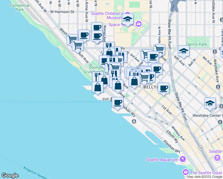 map of restaurants, bars, coffee shops, grocery stores, and more near 2601 Elliott Avenue in Seattle