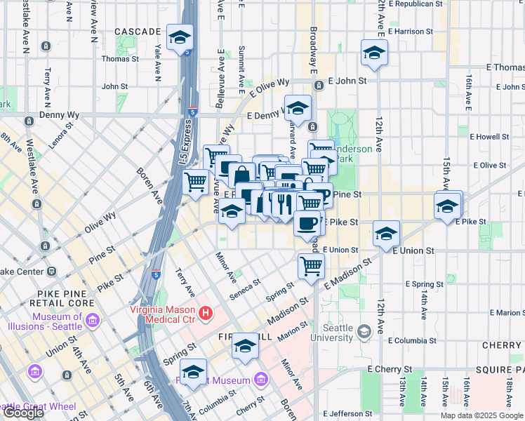 map of restaurants, bars, coffee shops, grocery stores, and more near 1511 Boylston Avenue in Seattle