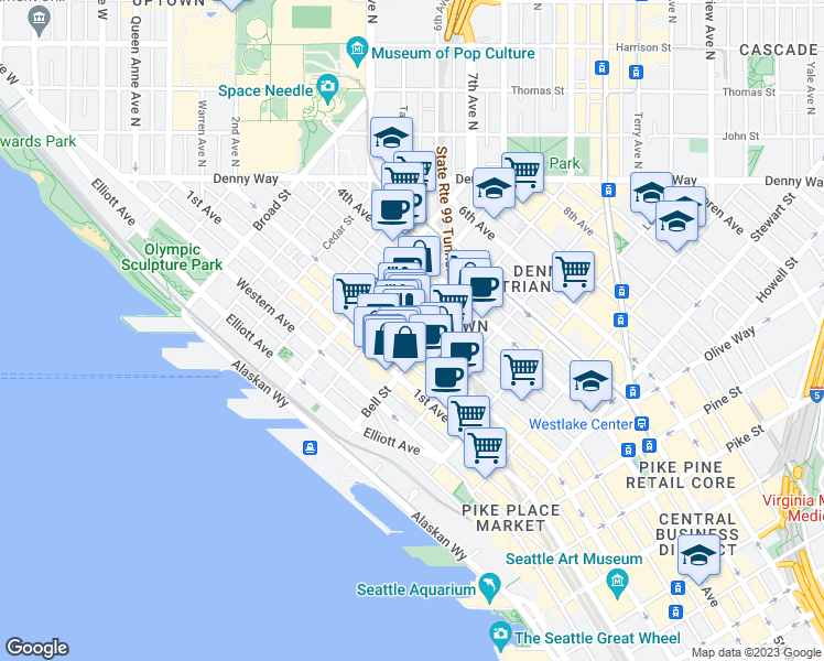 map of restaurants, bars, coffee shops, grocery stores, and more near 2316 2nd Avenue in Seattle
