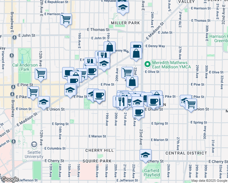map of restaurants, bars, coffee shops, grocery stores, and more near 1512 19th Avenue in Seattle