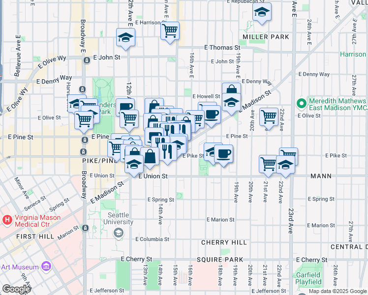 map of restaurants, bars, coffee shops, grocery stores, and more near 1509 East Madison Street in Seattle