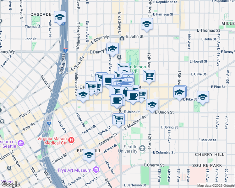 map of restaurants, bars, coffee shops, grocery stores, and more near 1514 Broadway in Seattle
