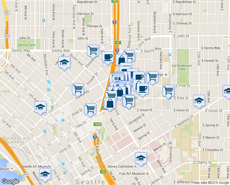 map of restaurants, bars, coffee shops, grocery stores, and more near 1515 Melrose Avenue in Seattle