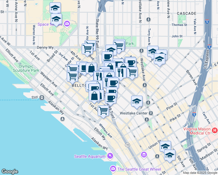 map of restaurants, bars, coffee shops, grocery stores, and more near 318 Blanchard Street in Seattle