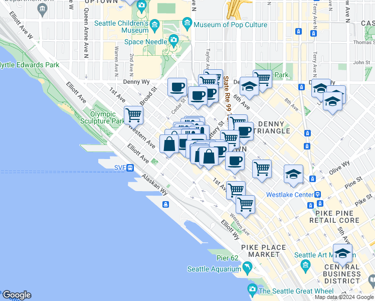 map of restaurants, bars, coffee shops, grocery stores, and more near in Seattle