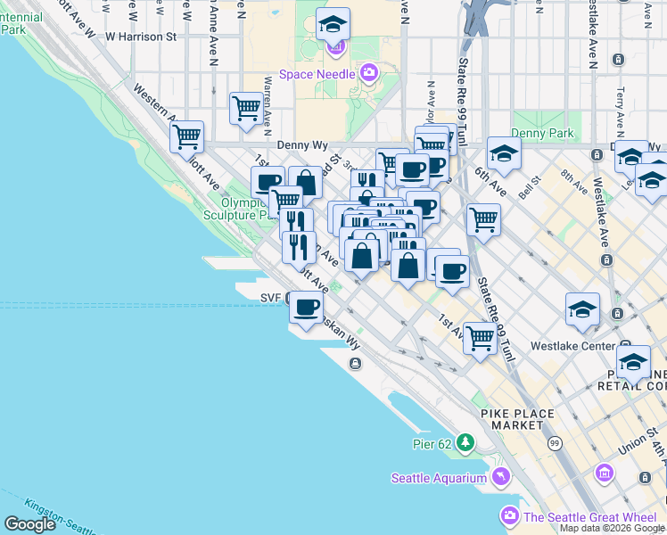 map of restaurants, bars, coffee shops, grocery stores, and more near in Seattle