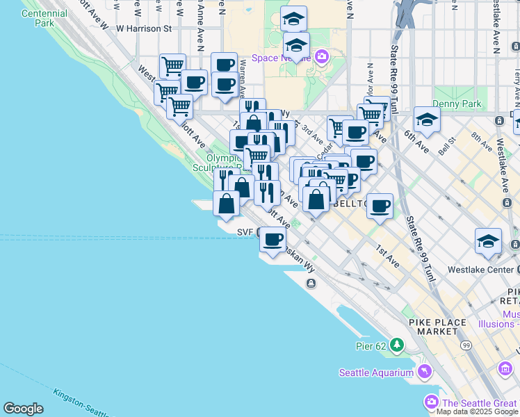 map of restaurants, bars, coffee shops, grocery stores, and more near 2601 Elliott Avenue in Seattle
