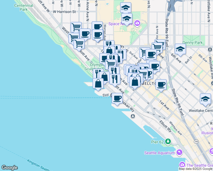 map of restaurants, bars, coffee shops, grocery stores, and more near 2601 Elliott Avenue in Seattle